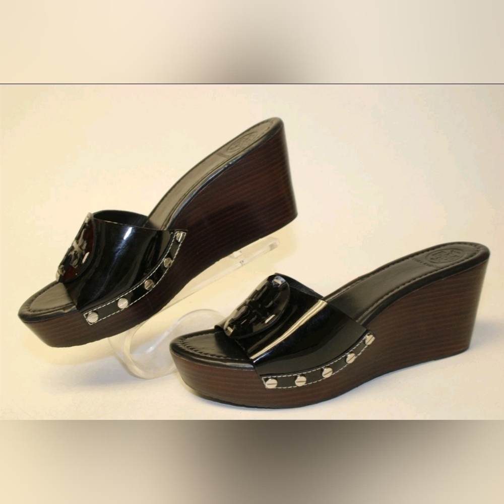 Tory Burch Patty Black Patent Wedge Slide Sandals 9 M Platform Shoes - Picture 10 of 13